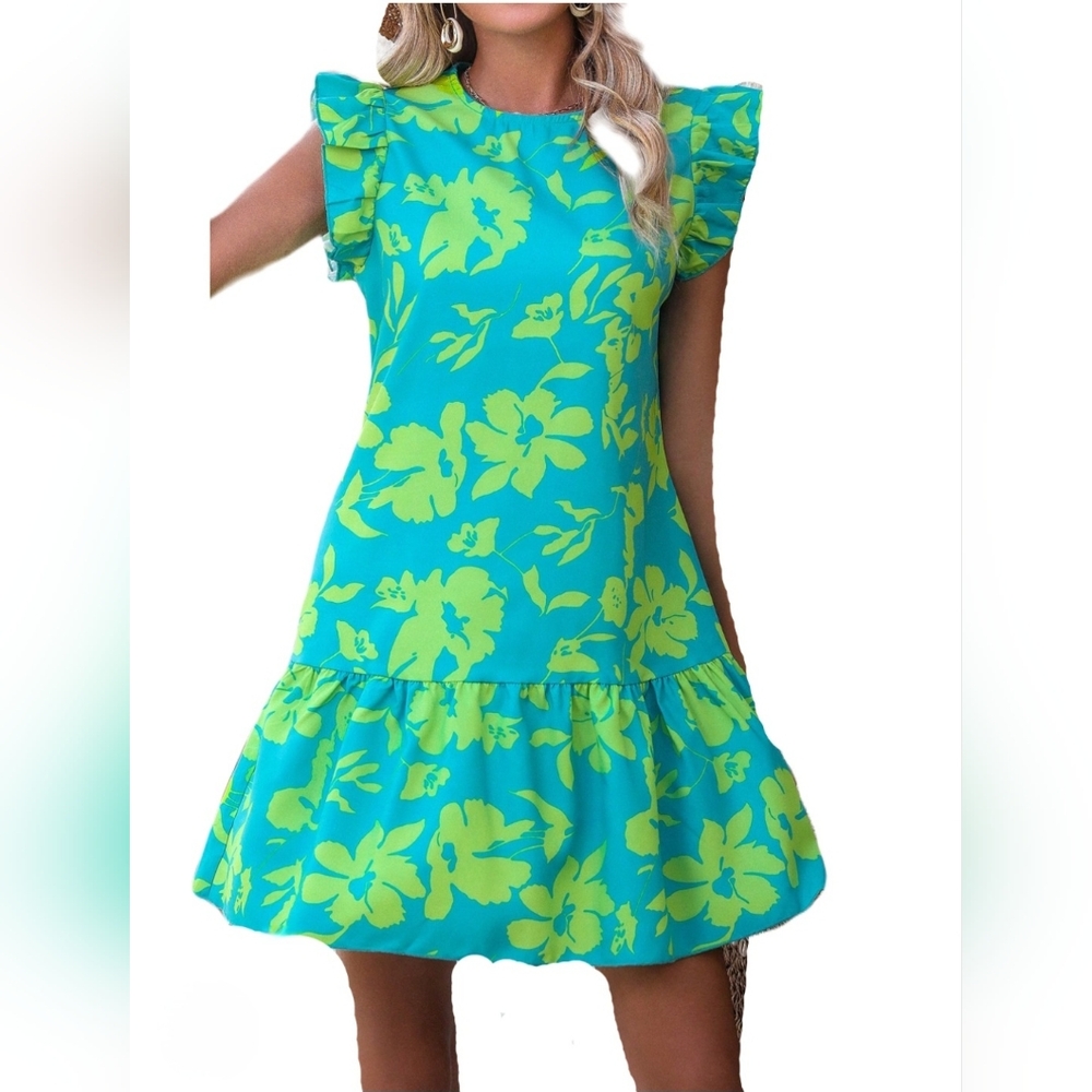 SHEIN Curve Aqua and Lime Floral Dress